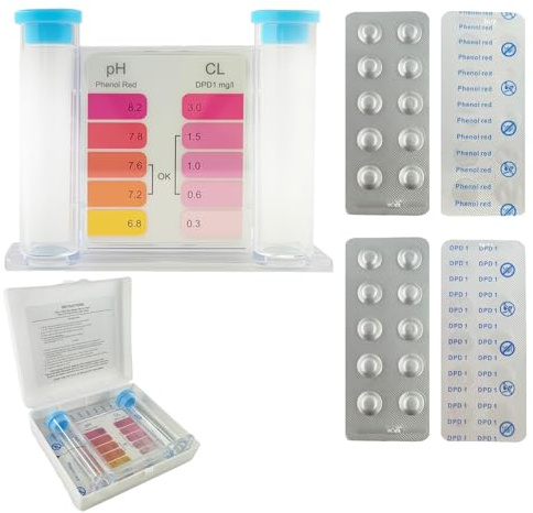 Wassertester für Chlor und pH Wert mit 40 Testtabletten je 20 x Chlor DPD1 und 20 x pH Phenol Red,Pooltester Chlor und Ph,Ph Wert Messgerät Pool,Pooltester für Schwimmbad,Whirlpool,Aquarium
