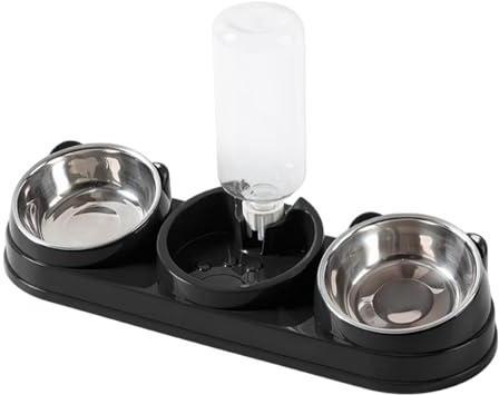 SZLIFE Ciotole Triple per Gatti, Ciotola per Cibo e Acqua per Animali Domestici, inclinata di 15° con distributore d'Acqua, mangiatoia 3 in 1 per Animali, Nero