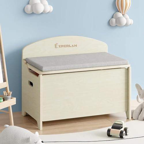 Scatola giocattolo e contenitore per giocattoli, scatola giocattolo in legno per ragazzi e ragazze, baule giocattolo con sedile cuscino e 2 cerniere di sicurezza, organizer per giocattoli per