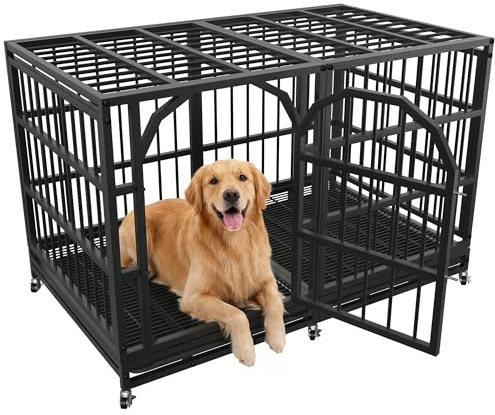 Asee'm 48 inch Heavy Duty Dog Crate for Large Dogs with Wheels, Escape Proof Indestructible Dog Kennel Large Big Cage Indoor for High Anxiety with Locks and Removable Trays (Black)