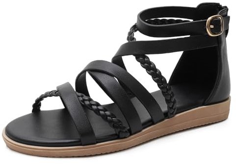 Sandalias Gladiador Mujer Planas Múltiples Correas Trenzadas Tobillera Hebilla Cierre Cómodas Ligeras Verano Casual