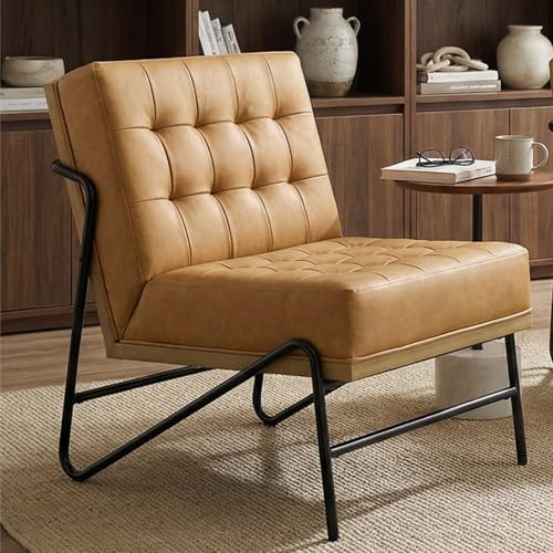 chairus Modern Comfy Accent Chair, Quilted Design, PU Leather Yellow | Thick Padded, Waterproof PU Leather, Solid Wood Base & Metal Frame, for Living Room/Bedroom/Reading