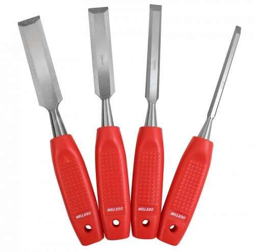 Marksman 4PC Bevel Edge Wood Chisel Set, Non-Slip Rubber Handles, 6mm, 13mm, 19mm, 25mm, 1/4, 1/2, 3/4, 1 High Carbon Steel Blades, Carpenter Carving Tool