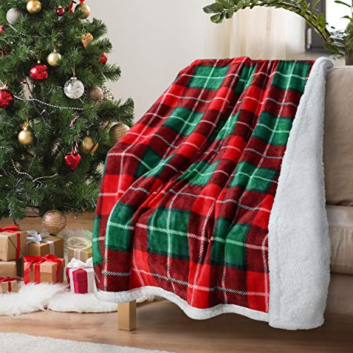 Red Buffalo Plaid Christmas Throw TV Sherpa Blanket 50 x 60, Super Soft Warm Comfy Plush Fleece Bedding Couch Cabin Decorative Throw Blanket
