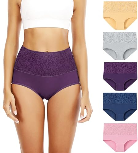 Senllori Donne Vita Alta Cotone Intima Tummy Controllo Slip Signore Morbido Copertura Completa Mutandine 5 Pack Multicolore Taglia M