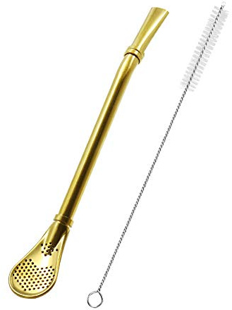 Stainless Steel Straw Filter Spoon, Tea Straw, Yerba Mate Bombilla, Reusable Drinking Straws Strainer, Coffee Stirrer for Loose Leaf Tea, Soup, Beverage with Brush Cleaner (1Pcs Gold)