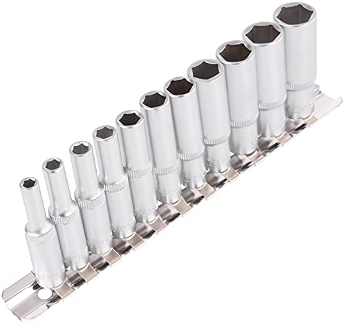 TECPO Steckschlüssel-Satz, tief, 11-teilig, SW 4-13 mm, 1/4 Zoll Antrieb, Chrom-Vanadium-Stahl, matt verchromt, Seitliche Rändelung für besseren Halt, 50 mm Länge, Auf Steckschlüsselleiste sortiert