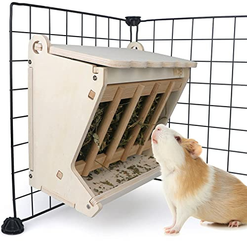 Pet Wooden Hay Feeder for Rabbits, Guinea Pigs, and Chinchillas - Alfalfa Timothy Dispenser, Less Wasted Small Animals Manger (Hanging Large)