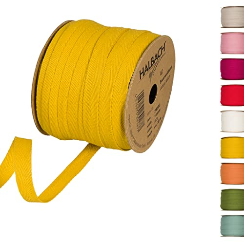 Halbach Seidenbänder Baumwollband 10 mm x 30 m, Bänder zum Basteln als Meterware, Stoffband für Dekorationen, Webband 100% Baumwolle DIY Handwerk, Schrägband Näharbeiten, Farbe: honey yellow, 24500
