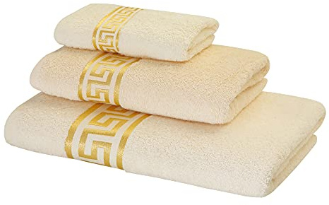 Belle Arti Premium Mäander handdukar, duschhanddukar, gästhanddukar, fluffig frotté, bomull (set om 3 – 30 x 50 + 50 x 100 70 x 140 cm, beige)