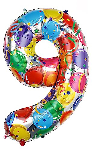 Ponmoo 40 inches Foil Balloons Numbers 9 Multicolour (101cm), Inflatable Helium or Air, Giant Balloon Number 0-9, 10-29, 30-100, Grand Balloons for Anniversary Wedding Birthday Party Decoration
