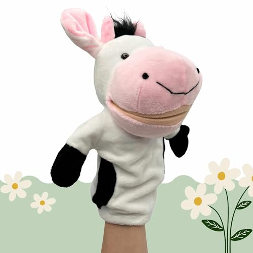PLAYZOCO Marioneta Mano Peluche de Vaca, Títere de Mano de Vaca, Finger Puppet, Marioneta Animales, Juguete Educativo, Material Algodón de Felpa y PP, Tamaño 25 cm, Diseño Vaca