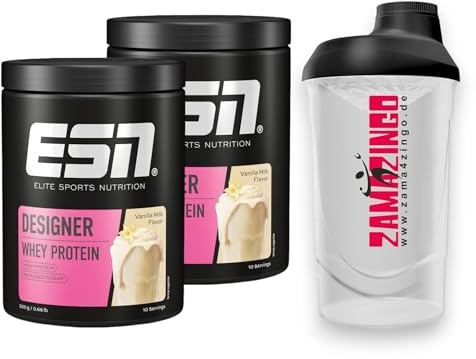2x ESN Designer Whey Protein Vanilla Milk 300g | Hochwertiges Eiweißpulver und Nahrungsergänzungsmittel für effektiven Muskelaufbau | Gratis Zama4zingo Protein Shaker 600ml (Vanilla Milk)
