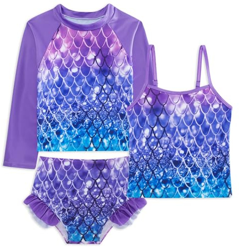 Belovecol Girls Rash Guard 3 Pieces Bathing Suit Long Sleeve Swimsuit Swimming Ruffle Shorts Purple Swimwear 9-10 Years