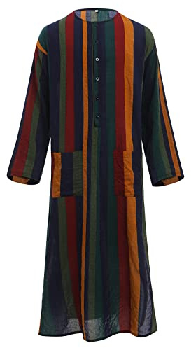 IDOPIP Men's Kaftan Thobe Long Sleeve Striped Muslim Robe Middle East Arabic Dubai Thobes Button Up Side Split Kaftan with Pockets Ramadan Abayas Dress Islamic Clothing Yellow 2XL