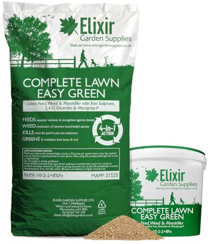 Elixir Gardens UK COMPLETE LAWN Weed, Feed & Mosskiller 10-2-2+8Fe | 4-in-1 Turf & Grass Fertiliser/Feed with Added Iron, Dicamba & Mecoprop-P | 32 Square Meters Coverage | 1kg Tub