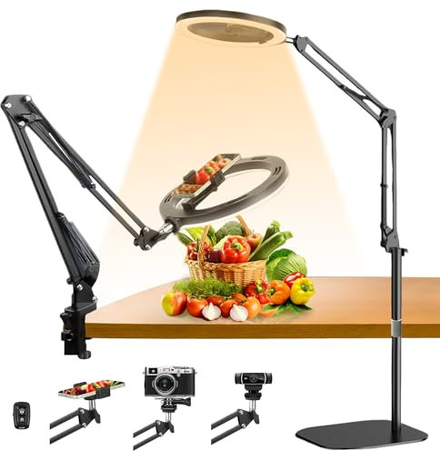 yAyusi Soporte para Teléfono con Luz de Anillo, Trípode de Luz de Anillo de Piso/Escritorio de Doble Propósito, Soporte para Cámara Superior, Selfie Ring Light LED Regulable para Grabación de Vídeo