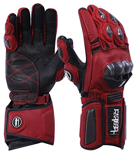 Harssidanzar Powersports KM045UK - Guantes de cuero para motocicleta para hombre y mujer, protección de nudillos, color oxblood/negro, talla XL