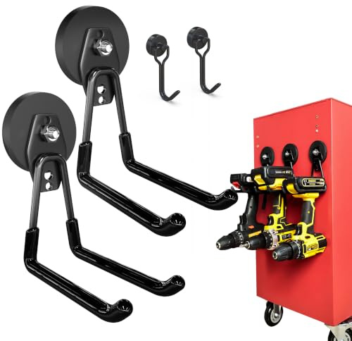 3-H krok magneter slitstark 2 stora, 2 små, magnetkrokar slitstark utan borr, u-formade magnetiska krokar slitstarka för att hänga och organisera stora elverktyg, stege, stol, elverktyg (svart)