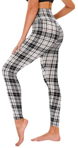 TNNZEET Damen Hochbund-Leggings, Schwarz-Weiß Karo, S-M
