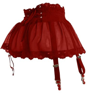 MIZSPISE Women Sexy Suspender Mini Skirt with Panties Sheer Mesh Lace-up Mini Dress Lingerie Underwear Garter Belt (wine red, one size)