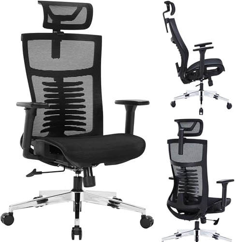 Nyxi Office Chair Premium Ergonomic Mesh Seat for Work, Computer Desk and Study Chair, Executive, 3D Armrests, Headrest & Lumbar Support, 3-Angle Locking, Metal Base (Mesh Seat, Black, Model 812)