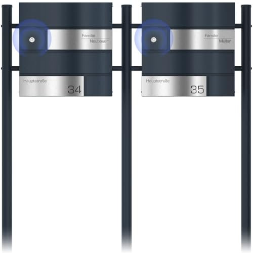 Moderno buzón Doble con Timbre de Radio Soporte para buzón en Antracita RAL 7016 - Placas de Acero Inoxidable Personalizadas - Buzón de pie con Cerradura Diseño 1
