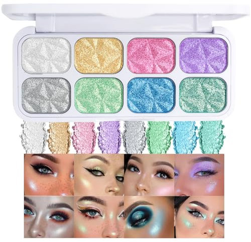 Glitzer Lidschatten Palette - 8 Farben Schimmerndes Eyeshadow Palette - Holografisches Make-Up Palette - Wasserfest & Langanhaltend Glanz Highlighter - Ultra Pigment Augen Make-Up für Party & Alltag
