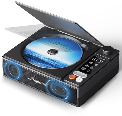 Reproductor de CD Portátil, Leapwell Reproductor CD Bluetooth Altavoz HiFi Integrado Retro CD Player con Tapa Antipolvo Pantalla LCD Grande Soporta AUX USB Óptico Negro