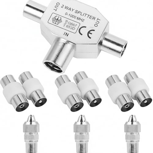 TV Aerial Splitter - 2-Way, 1 Female to 2 Male Coaxial Aerial Splitter with 7pcs TV Aerial Connector Adapter, Compatible with Cable TV & Antenna, Signal Booster， Shielded Metal Housing