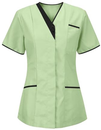 Yunshenla Blouse Medicale Femme 3 Poches Col en V Blouse Estheticienne Professionnelle Tunique à Enfiler - À Manches Courtes et avec Boutons