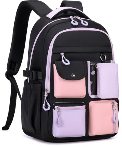 Tanou Mochila Escolar Niña, Mochilas Grande para el Colegio de tela Oxford, Mochilas Escolares Adolescentes Chicas Bolsa Casual con Varios Compartimentos, Negra Morado