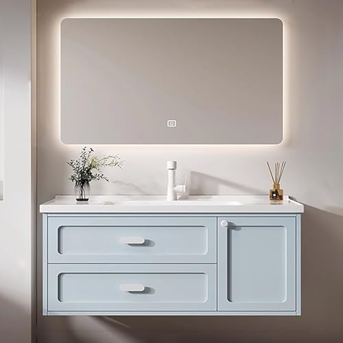 ZKBDBWTR 90cm Tocador de Baño con Lavabo - Muebles para Lavabo con Espejo Antivaho con LED Inteligente y Espacio de Almacenamiento con Múltiples Particiones