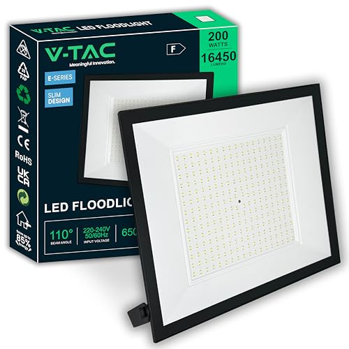 V-TAC Faro LED da Esterno 200W - 16450 Lumen - [ E-Series - Alte Perfomance, Bassi Consumi ] - Super Slim Design - IP65 - Proiettore per Casa, Garage, Magazzino - Impermeabile - Luce Fredda 6500K