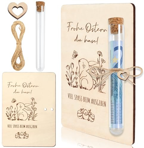 Regalo de Dinero de Pascua, Tarjeta de Madera para Regalar Dinero, Embalaje de Regalos de Dinero de Pascua con Tubo de Ensayo, Cuerda y Corazón, Regalo de Dinero de Madera para Niños Adultos