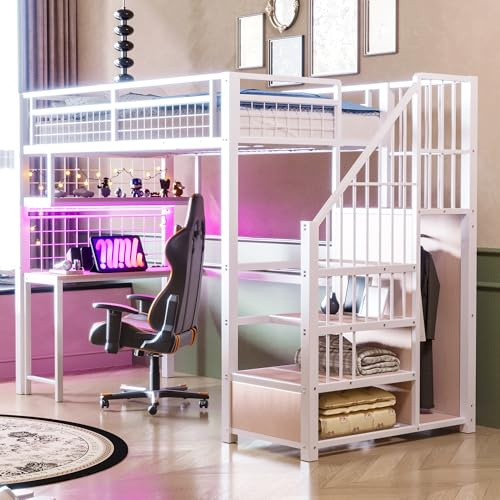 Oxtao Cama alta de 90 x 200 cm, con barra de luz y conector de carga, escalera de almacenamiento y armario sencillo, completo con estantes, escritorio y estantería, para niños y jóvenes (blanco)