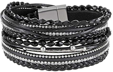 StarAppeal Armband Wickelarmband mit Perlen, Strass, Ketten und Flechtelement, Magnetverschluss Silber Matt, Damen Armband (Schwarz)