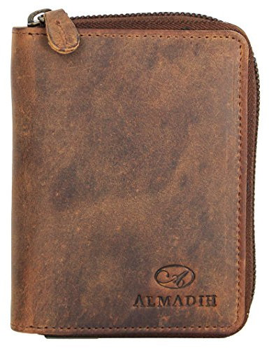 ALMADIH Leder Portemonnaie RFID Schutz Hochformat mit Reißverschluss 13 Kartenfächer Rindsleder Geschenkbox (P1HRV BV) Geldbörse Geldbeutel Brieftasche Börse Herren Damen unisex braun (P1H-RV Vintage)