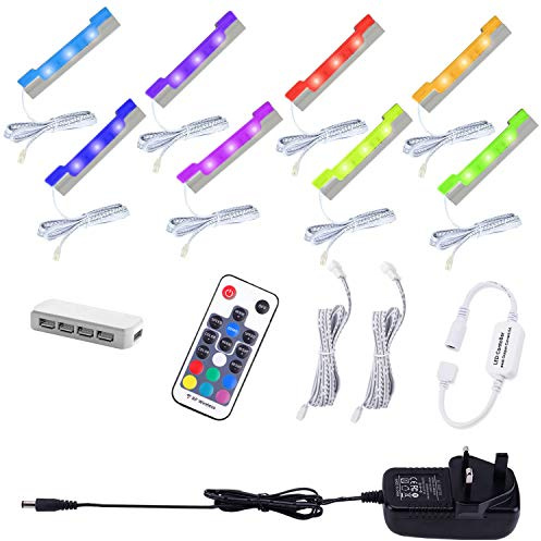 AIBOO LED RGB Under Glass Shelf Cabinet Lighting Kit with RF Remote Control, Dimmable Long Clip on Glass Display Shelf Lights, Ultra Slim LED Strips Lights for Kitchen Counter and Cupboard (8 Pack)