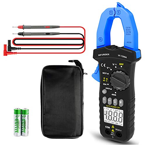 Pinza Amperimétrica Digital, INFURIDER YF-7200A TRMS 400 Amp Multímetro con Amperímetro de Corriente CA Voltímetro de Voltaje CA CC Resistencia Ohmímetro y Probador de Diodos