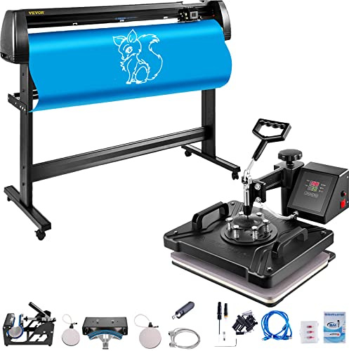 VEVOR 38 x 30 cm överföringspress 5-i-1 varmpress 1 250 W värmepress textilpress och 1350 mm vinylskärare 135 cm (53 tum) vinylskärplotter 3 blad plottermaskin folieplotter skärning plotter