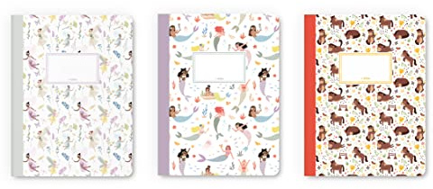 dabelino® Lot de 3 cahiers A5 pour enfants/filles : ligné (sirène, fée, elfe, chevaux) – Cahier de devoirs, carnet d'écriture, cadeau de rentrée des classes, remplissage de cornet