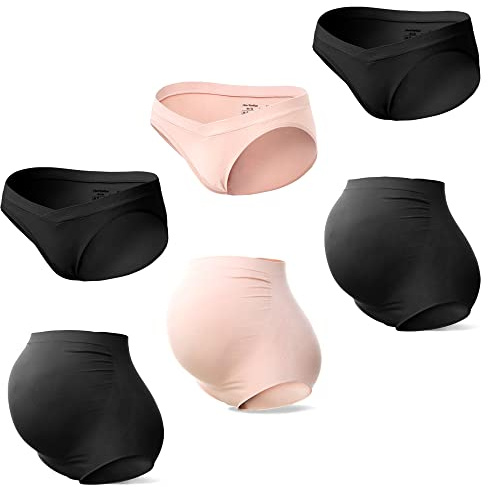 SUNNYBUY Maternity Underwear Under Bump & Over Bump Pregnancy Panties Sets Seamless Womens Maternity Clothes Packs, High-2Black1Skin&Low-2Black1Skin-XL