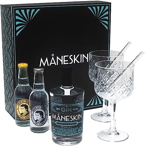 MÅNESKIN Dry Gin edles Geschenkset I Premium Gin aus Deutschland 500 ml 45% vol.I 2 x Ginkelche I 2 x Glashalme I 2 x Premium Tonic Water 200 ml