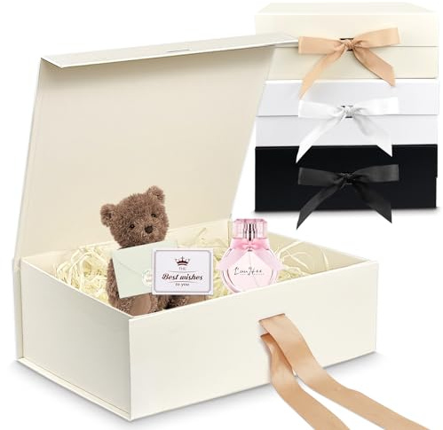 Gift Box,Luxury Magnetic Gift Box with Lid Ribbon Greeting Card Shredded Paper,Gift Packaging Box for Present Birthday Christmas Wedding Anniversary Festival (Beige, 8.7x6.5x3.5 Inches)