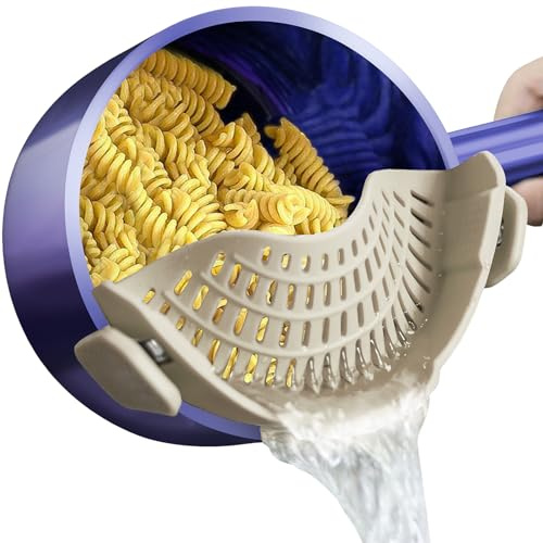 AUOON Clip on Strainer - Silicone Pasta Strainer for Pots Pans and Bowls | Space-Saving Kitchen Essentials for Cooking and Draining | Dishwasher Safe (MilkShake)