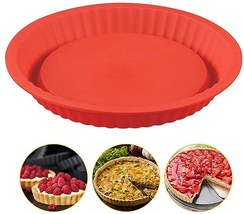 Zhixifan Stampo per quiche in silicone, 26 cm, rotondo, in silicone, con bordo ondulato, per torte di frutta, senza BPA, sicuro per quiche, pizza, torta, torte di frutta, rosso