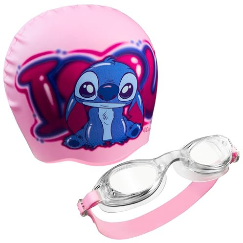 Disney Badekappe & Schwimmbrille Kinder Set, UV-Schutz, Anti-Beschlag - Stitch Sachen für Kinder (Rosa Stitch, 6-14 Jahre)