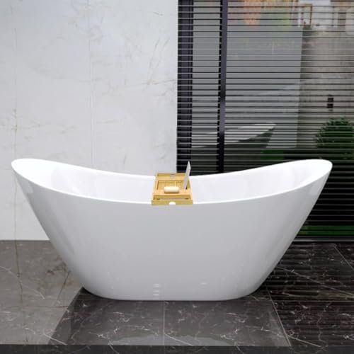 BADLAND Freistehende Badewanne Exclusive Acryl IVAR 180x80 Acryl mit Bambus Ablage und Ablauf Klick-Klack