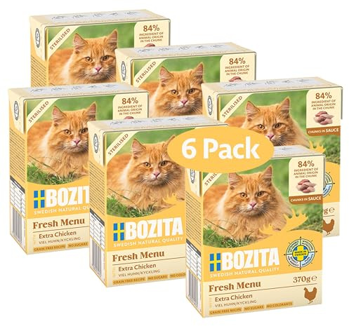 Bozita Tetra sterilizzata in salsa con molto pollo, 6 x 370 g, cibo umido senza cereali, senza zucchero, per gatti, senza ingegneria genetica, con 8,5% di proteine e 4,5% di grassi, di alta qualità e